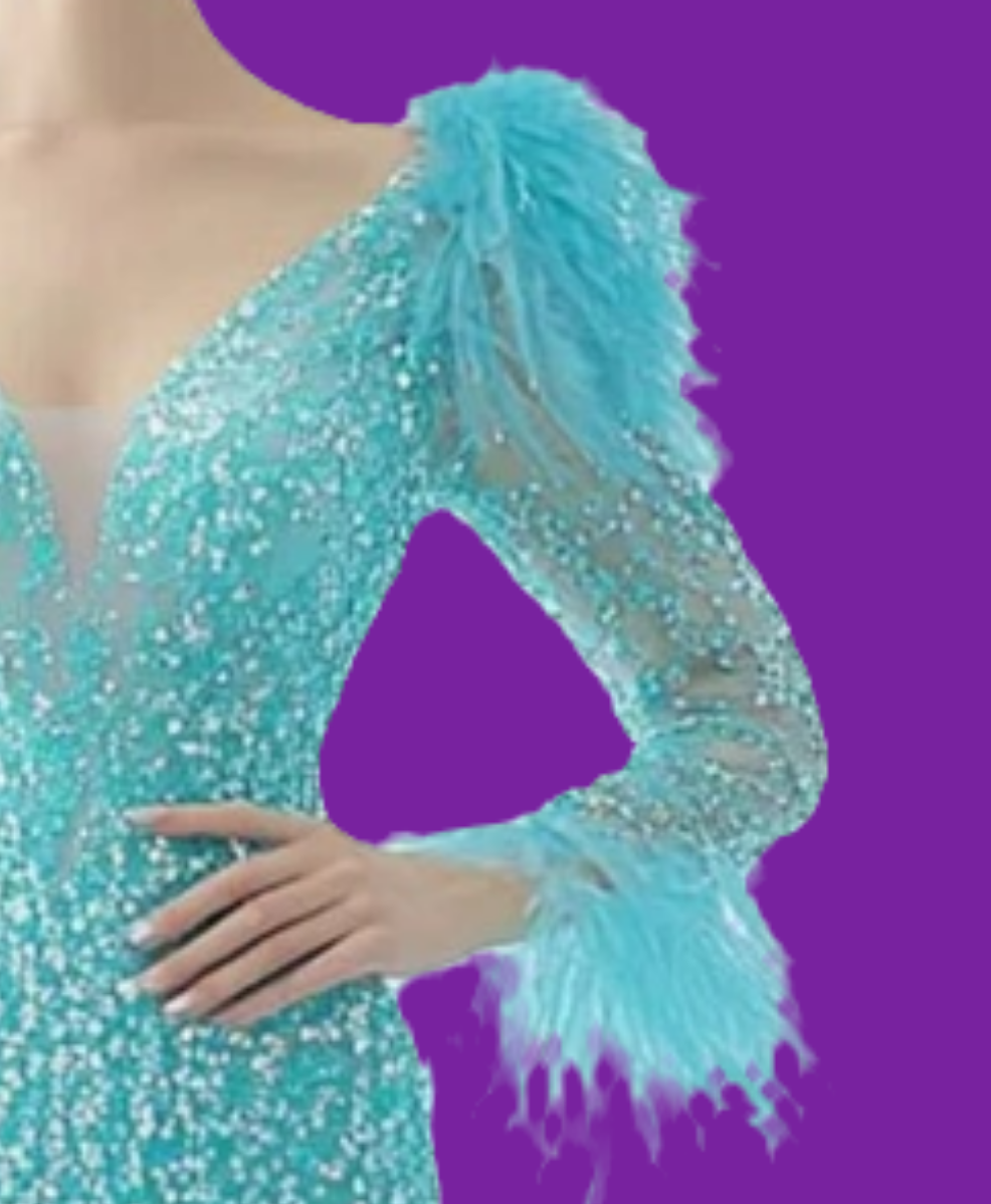 Rhinestone Feather Long Sleeve Fishtail Maxi Dress-Blue [Custom-Made] COCOMONEY