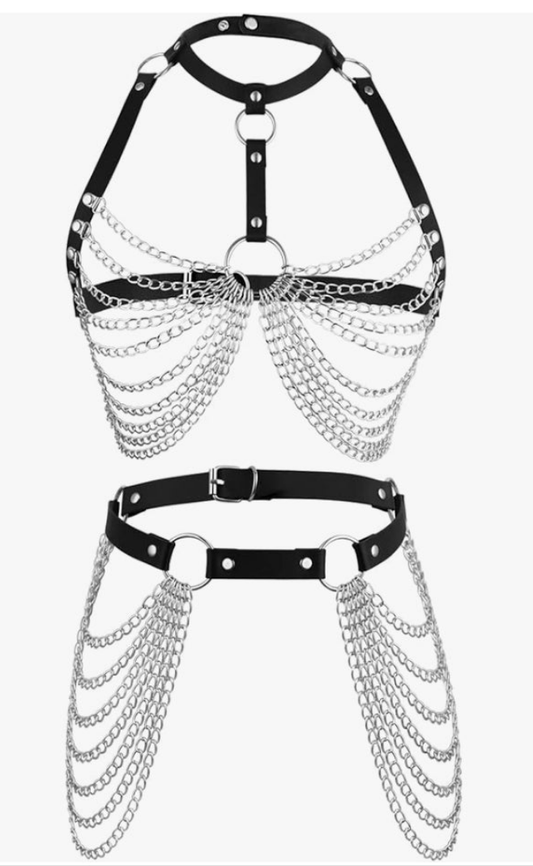Leather Body Chains for Women Layered Waist Belly Chain Belt Black Chest Chain Gothic Party Rave Body Jewelry