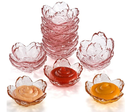 Set of 16 Glass Soy Sauce Dish, Sakura Shape Pink Dipping Bowls, Small Seasoning Dishes Appetizer Plates for Condiment Sushi Ketchup BBQ Party