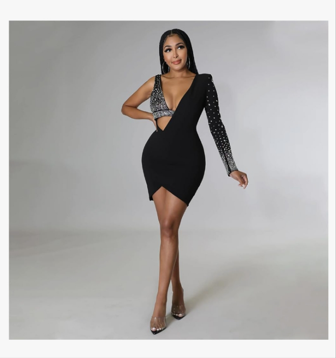 COCOMONEY Sexy Asymmetric Sleeve Deep V Neck Rhinestone