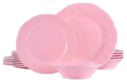18 Piece Pink Dinnerware Set, Lightweight Kitchen Dining Plates and Bowls Set, Durable Melamine Dishes, Set of 6, Unbreakable RV Camping Dishes, Dishwasher Safe