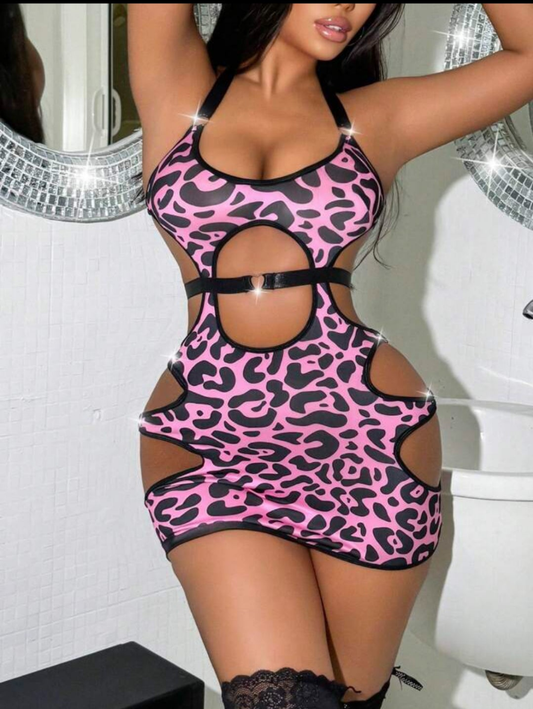 Leopard Print Hollow Out Halter-Neck Sexy Lingerie Dress
