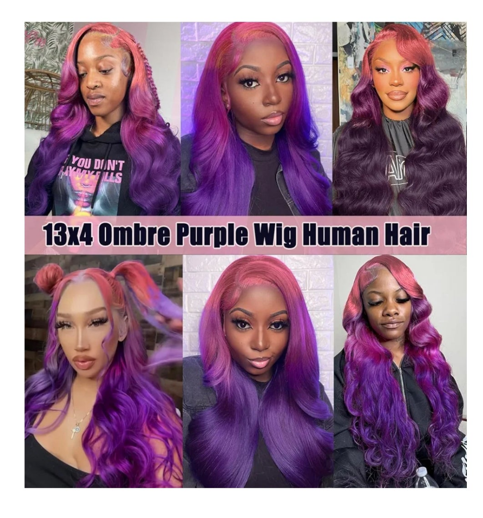 Purple Ombre 13x4 HD Lace Front Wig Human Hair Body Wave 3 Tone Pink to Purple Glueless Wigs Dark Pink Root Rainbow Colored Lace Frontal Wig 180% Density 22 Inch