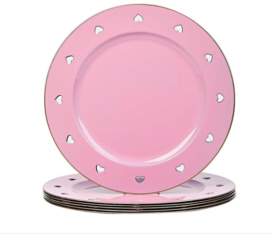 13" Round Pink Charger Plates, Heart Hollow Chargers for Dinner Plates with Golden Border, Formal Table Setting Accessory Centerpiece Bluk Wedding, Valentine's Day, Galentine's Day, Set of 6