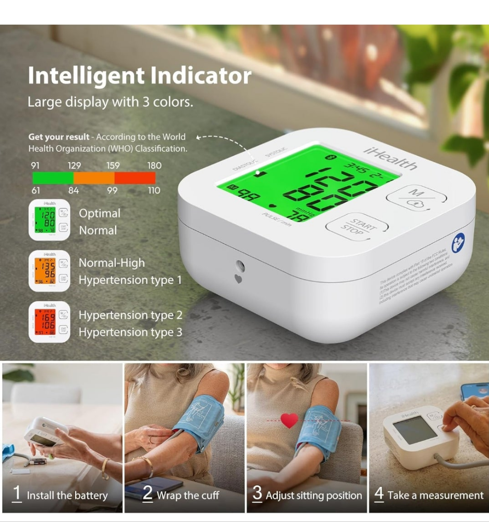 Blood Pressure Monitor with Wide Range Cuff That fits Standard to Large Adult Arms, Bluetooth Compatible for iOS & Android Devices