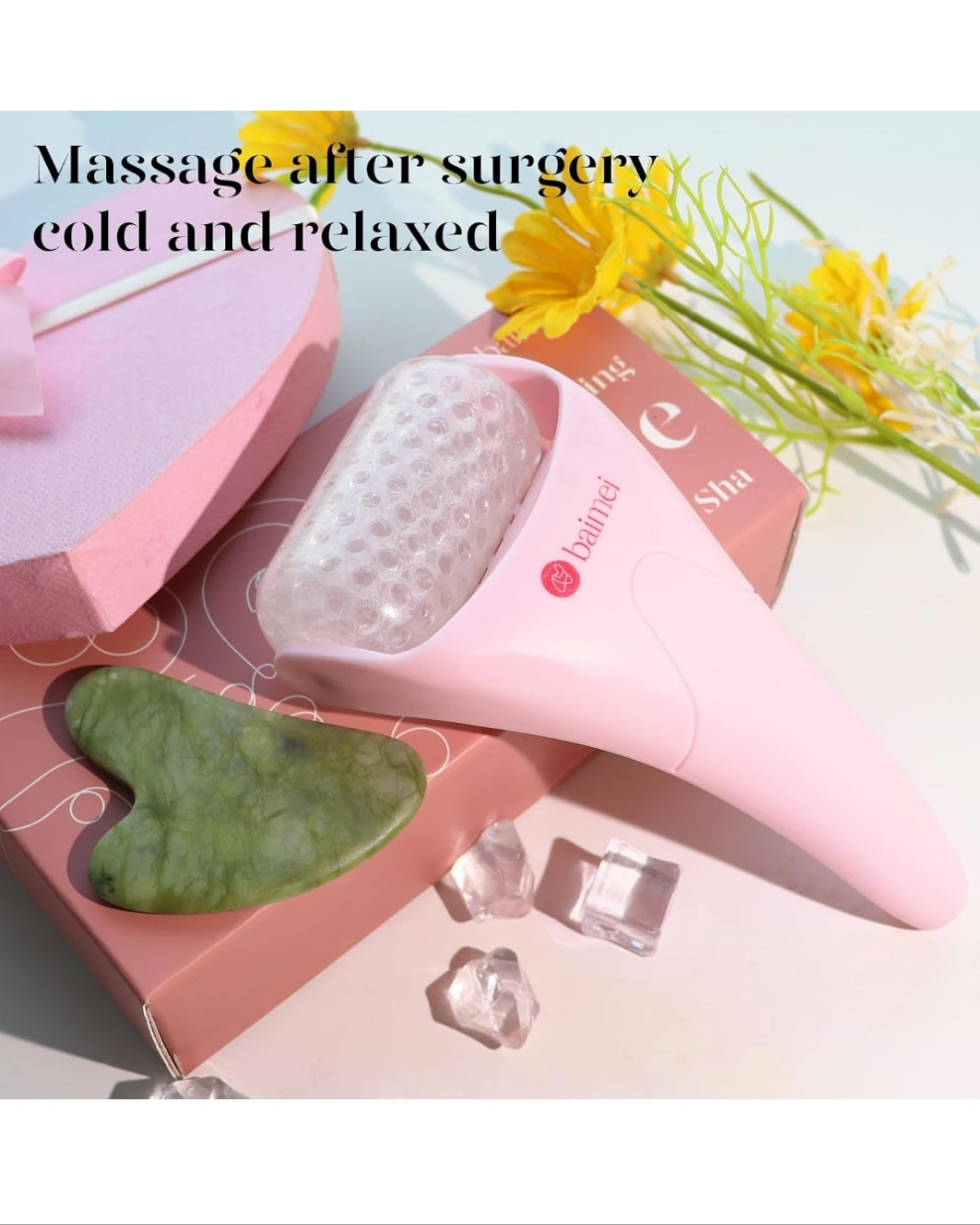 Ice Roller for Face and Gua Sha Facial Tool Set, Ice Face Roller Reduces Puffiness Relieves Migraines Skin Care Tools, Self Care Gift for Women - Pink