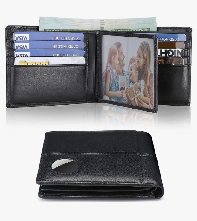 AirTag Wallet Men RFID Blocking Genuine Leather Bifold Mens Wallet For AirTag 1 ID Window 15 Card Holders with Box (Airtag Not included)