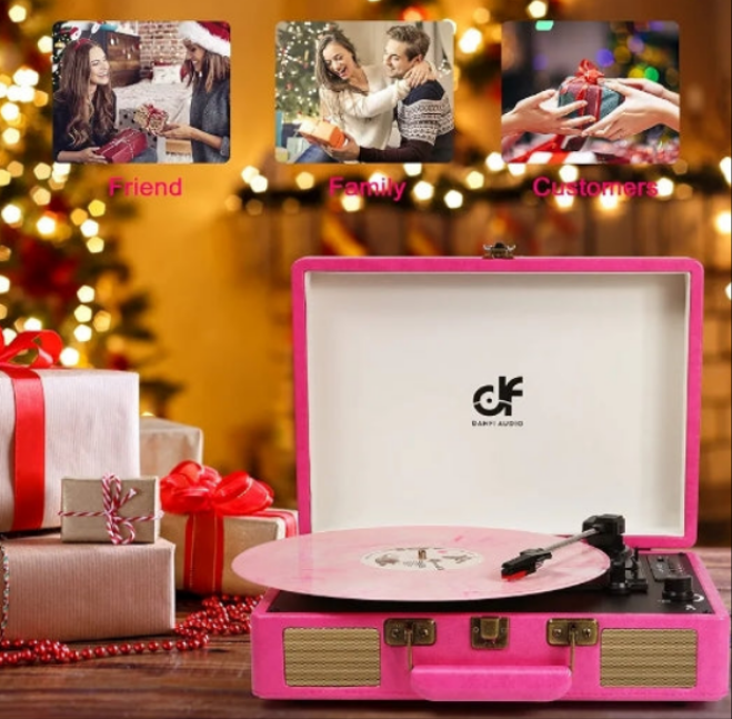 Bluetooth Suitcase Record Player with Built-in Speakers, 3 Speed Portable Turntable with USB Vinyl Audio Recorder RCA AUX-in & Headphone Jack
