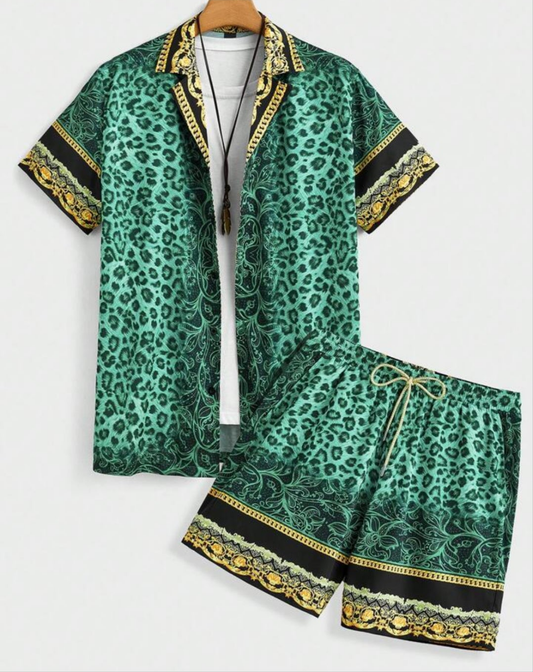 Sexy 2pcs Men Outfit Summer Vacation Woven Casual Seaside Leopard Print Graphic Party Fit Shirt Shorts  Beachwear