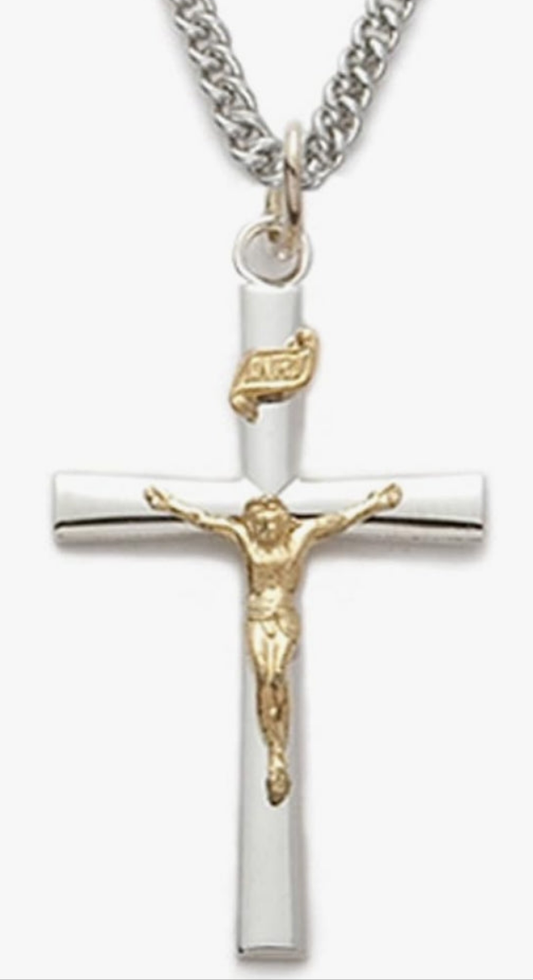 Two-Tone Sterling Silver Jesus Crucifix Cross Pendant Necklace Gold Plated Religious Jewelry, 1 1/8 Inch