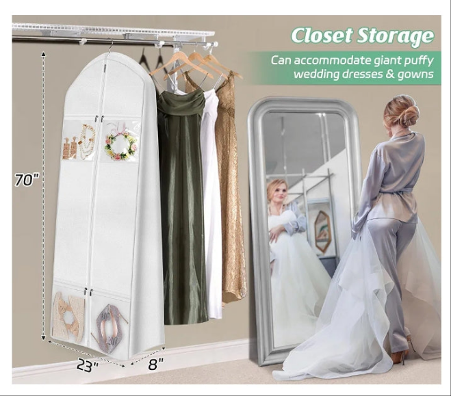 Portable 70" Wedding Dress Garment Bag with Bride Tote Bag 8'' Gusseted Dress Bags for Gowns Long 4 Pockets Dress Cover for Women, White
