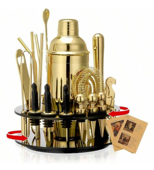 19-Piece Bar Set,Gold Cocktail Shaker Set For Drink Mixing:Stainless Steel Bar Tools With Rotating Stand,Professional Bartender Kit For Home Bars, Parties
