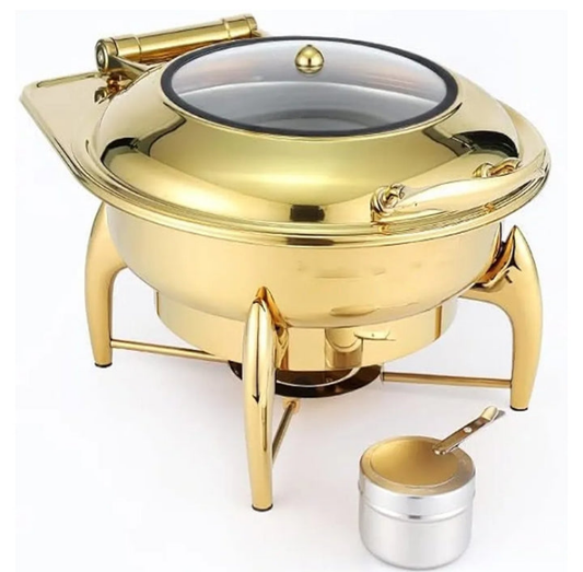Gold plated Stainless Steel Chafing Dish, Gold-Plated Round Buffet Stove, Commercial Hotel Restaurant Heating Furnace, Hydraulic Transparent Cover Buffet Stove