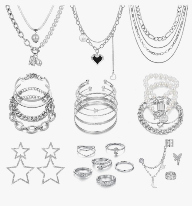 Jewelry Sets for Women, Necklaces Bracelets Hoop Earrings Stackable Rings Jewelry Set，Fashion Outfit Accessories Costume Jewelry MultiPack Birthday Christmas Gifts for Women