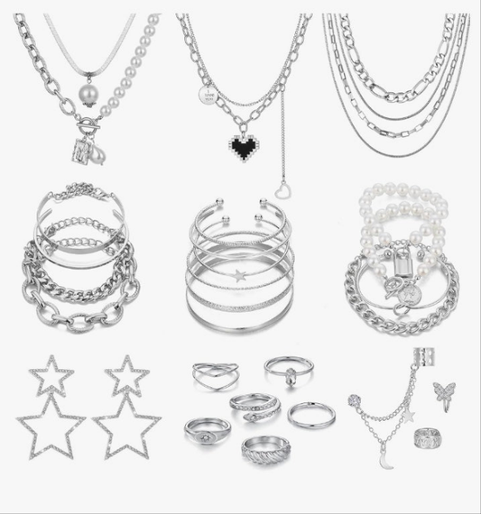 Jewelry Sets for Women, Necklaces Bracelets Hoop Earrings Stackable Rings Jewelry Set，Fashion Outfit Accessories Costume Jewelry MultiPack Birthday Christmas Gifts for Women