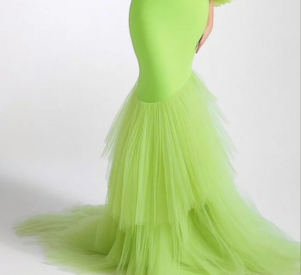 Off Shoulder Mesh Ruffle Sleeve Tiered Maxi Dress-Green [Custom-Made] COCOMONEY