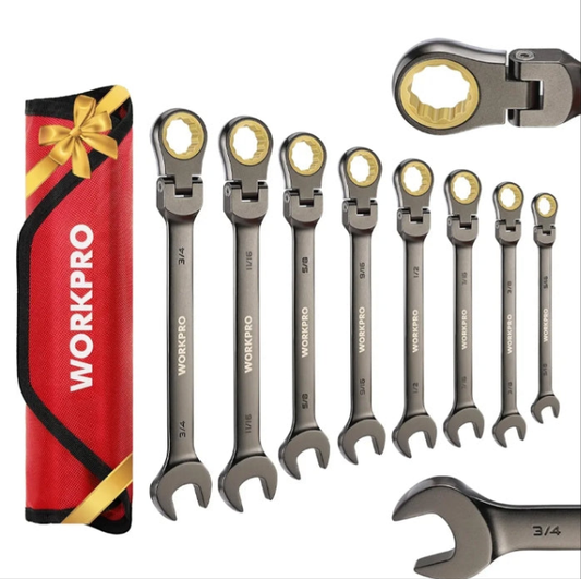 WORKPRO 8-piece Flex-Head Ratcheting Combination Wrench Set, SAE 5/16-3/4 in, 72-Teeth, CR-V Constructed, Nickel Plating with Organizer Bag,