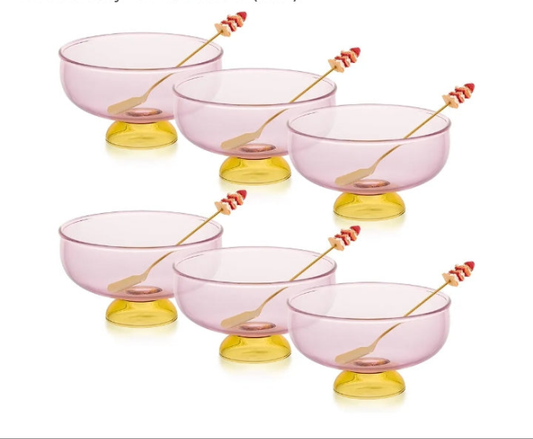 Glass Dessert Bowls Set of 6 Ice Cream Bowl 8.5oz with 6 Gold-Plated Spoons Decorative Microwave Safe for Fruit Snack Candy Glass Bowl Set (Pink)