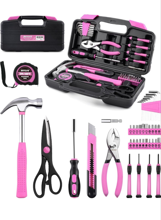 Tool Set Pink-40 Piece - General Household Hand Tool Kit with Plastic Toolbox Storage Case(Pink)