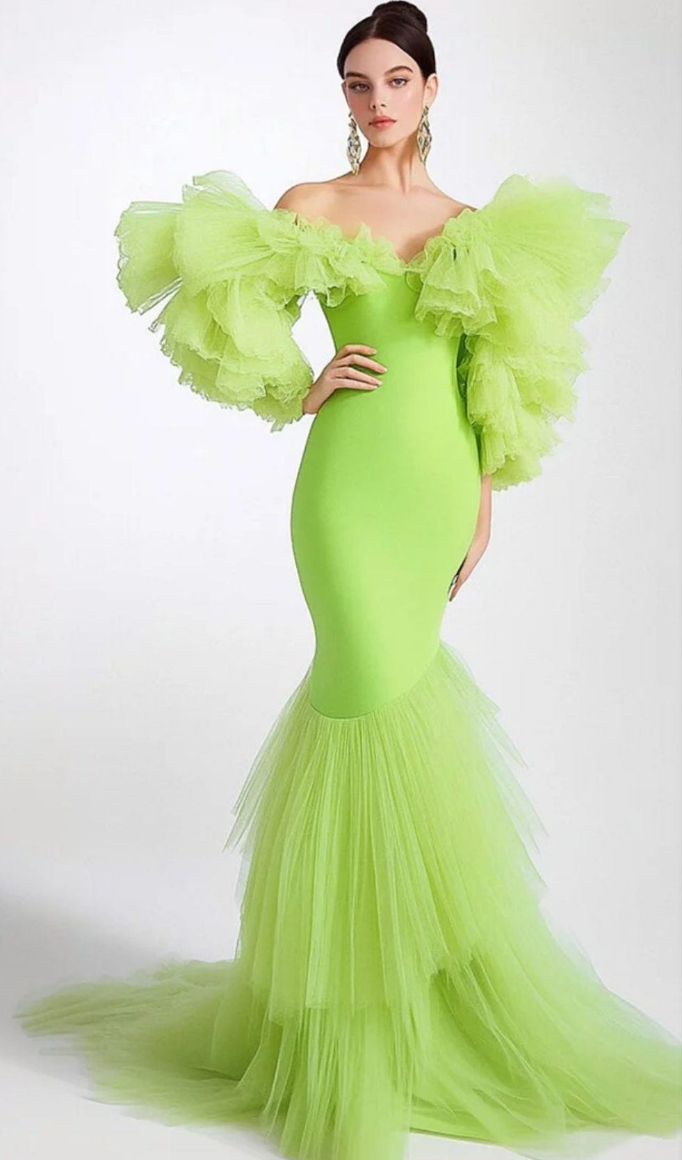 Off Shoulder Mesh Ruffle Sleeve Tiered Maxi Dress-Green [Custom-Made] COCOMONEY