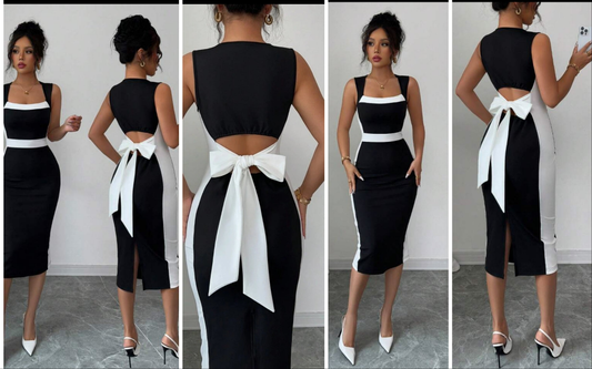 Hollow-Out Bowknot Back Black & White Contrast Square Neck Sleeveless Long Dress, Elegant Casual, Spring/Summer