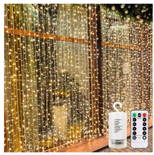 300 LED Curtain Lights Battery Operated, 9.8ft×9.8ft Hanging Lights with Remote Timer Fairy Curtain Lights for Bedroom Patio Wedding Backdrop Party Decór (Warm White)