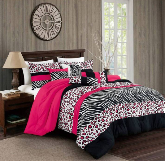 7 Pieces Pink And Black Color Printed Set- Contemporary Brushed Microfiber Bedding Set For All Season - Breathable & Comfortable Bed In A Bag With Down Alternative Filling