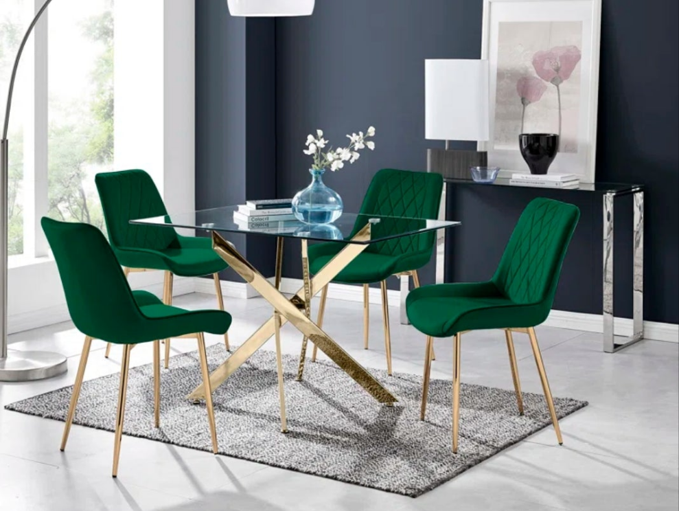 Metal and Glass Dining Table Set with 4 Velvet Upholstered Dining Chairs