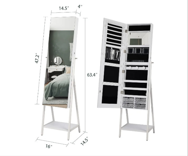 LED Mirror Jewelry Cabinet Standing, Lockable Jewelry Armoire Organizer Full Length Mirror with Storage, Adjustable Lights Jewelry