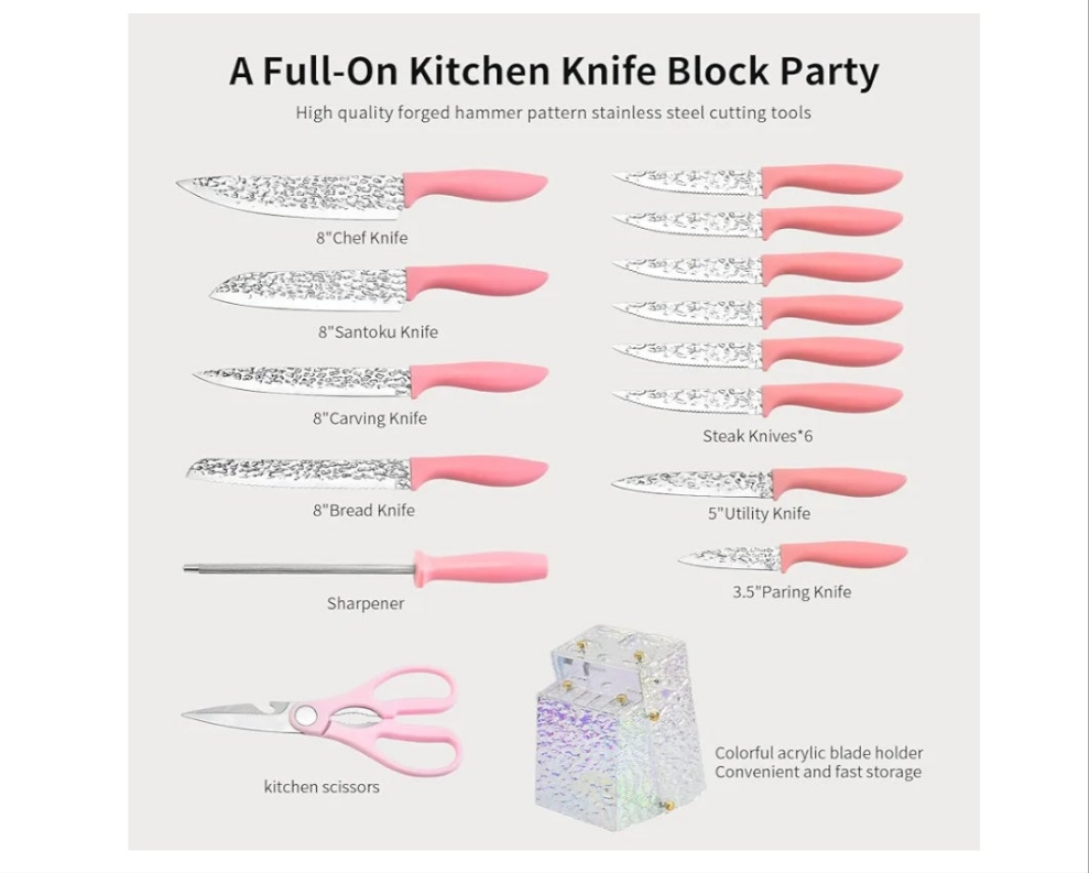 Kitchen Knife Set Non Stick Knives with Storage Serrated Steak Knife, Chef Knife, Bread Knife, Scissors, Sharpener, 15Pcs Sharp Cutlery Block Sets for Home & Pro Use Pink Handle Stainless Steel Blade