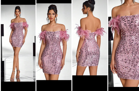 Elegant And Gorgeous Fine Sequined Beads, One-Line Shoulder Bag Hip, Shoulder Feather Stitching, Evening Party Ladies Cocktail Dress (The Shoulder Hair Is: Turkey Feathers), Semi Formal Dress, For Birthday, Wedding Guest, Graduation, Dinner, Homecoming