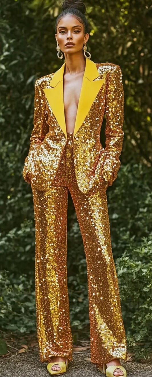 Sequined Blazer Two Piece Pant Suit-Yellow COCOMONEY