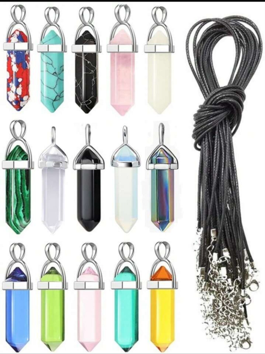 15pcs Crystal Hexagonal Column Pendant With 15pcs Black Chain