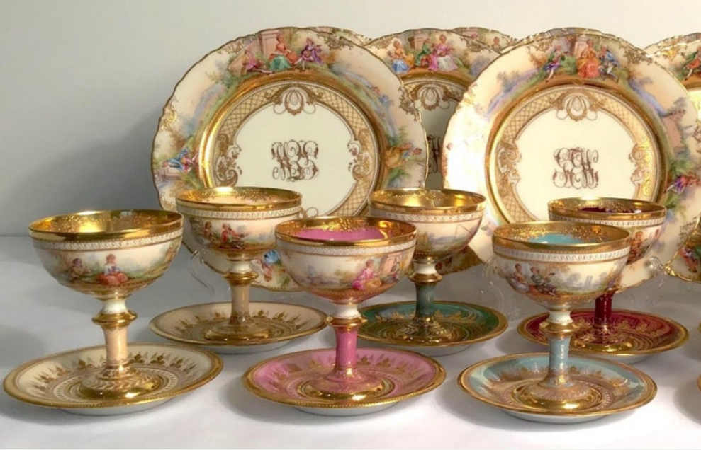 Dresden Ambrosius Lamm Footed Cups and Dessert Plates Set for 10 Hand Painted