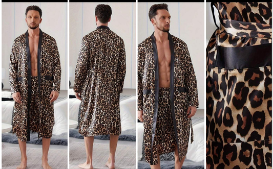 Leopard Print Bathrobe Set With Belt COCOMONEY