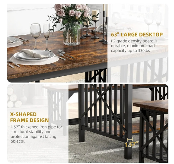 3-Piece Dining Table Set for 4-6 People, 63" Dining Room Table with 2 Benches, Industrial Rectangular Dining Room Table Set with Storage for Kitchen, Dining Room, Rustic Brown