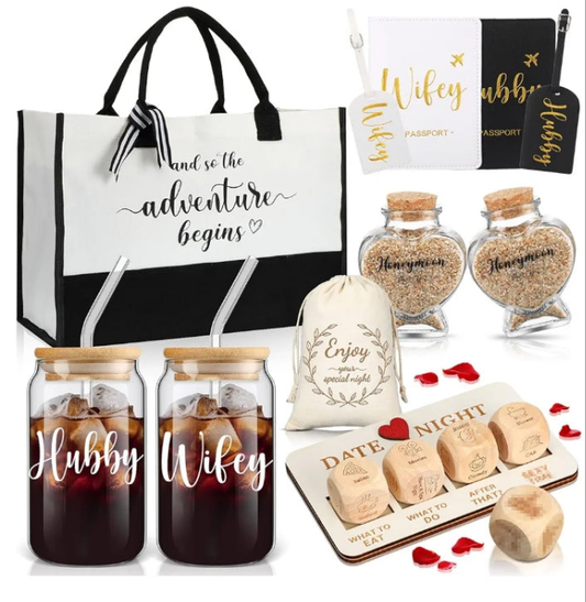16 Pcs Wedding Gifts for Couple Mr and Mrs Honeymoon Gifts Bride Groom Gifts Engagement Gifts Include Glass Date Night Dice Passport Holder Baggage Tags and Jar Tote Bag (Hubby and Wifey)