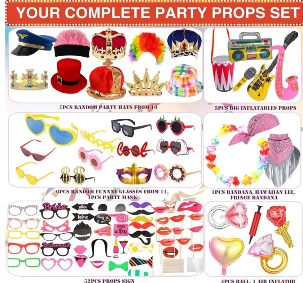 Party supplies Photo Booth Props Set for Adult, Novelty Funny Hats and Glasses, Colorful Wig, Inflatable, Phtot Booth Props Kit for Graduation, Wedding, Birthday, Bachelorette and All Occasions
