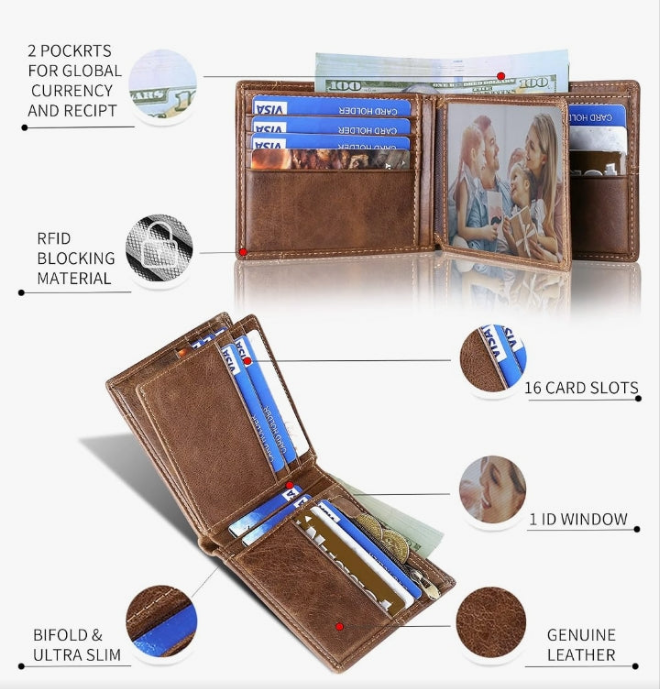 AirTag Wallet Men RFID Blocking Genuine Leather Bifold Mens Wallet For AirTag 1 ID Window 15 Card Holders with Box (Airtag Not included)