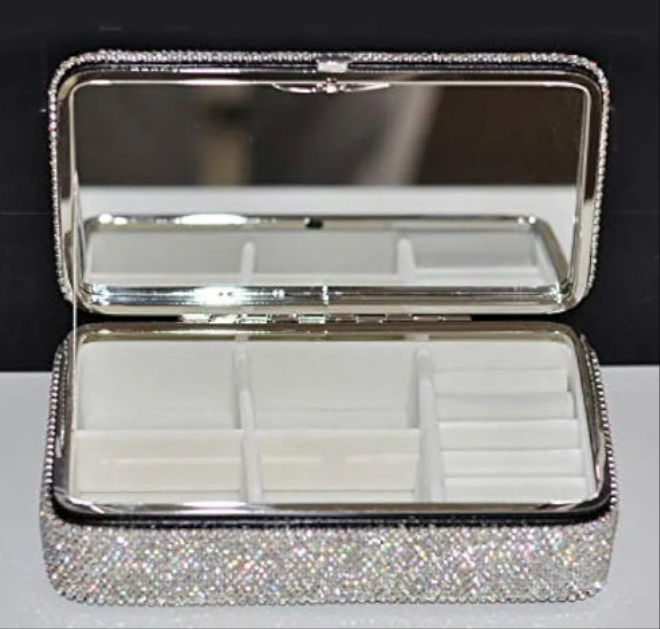 Bling Crystal Leather Portable Travel Jewelry Box Organizer Display Storage Case for Rings Earrings Necklace (