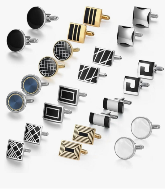 12 Pairs, Classic Fashion Men's Cuff Links Silver-Tone Gold-Tone Black for Business Wedding Party Gift Box