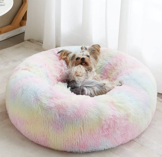 Calming Dog Cat Bed Donut, Faux Fur Pet Bed Self-Warming Donut Cuddler, Comfortable Round Plush Dog Beds