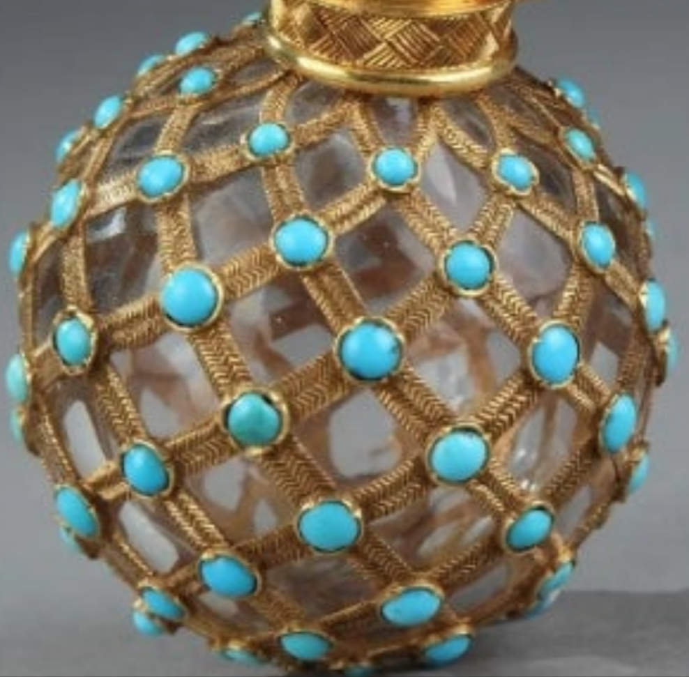 Gold, Crystal and Turquoise Perfume Flask Restauration Period 18k Gold