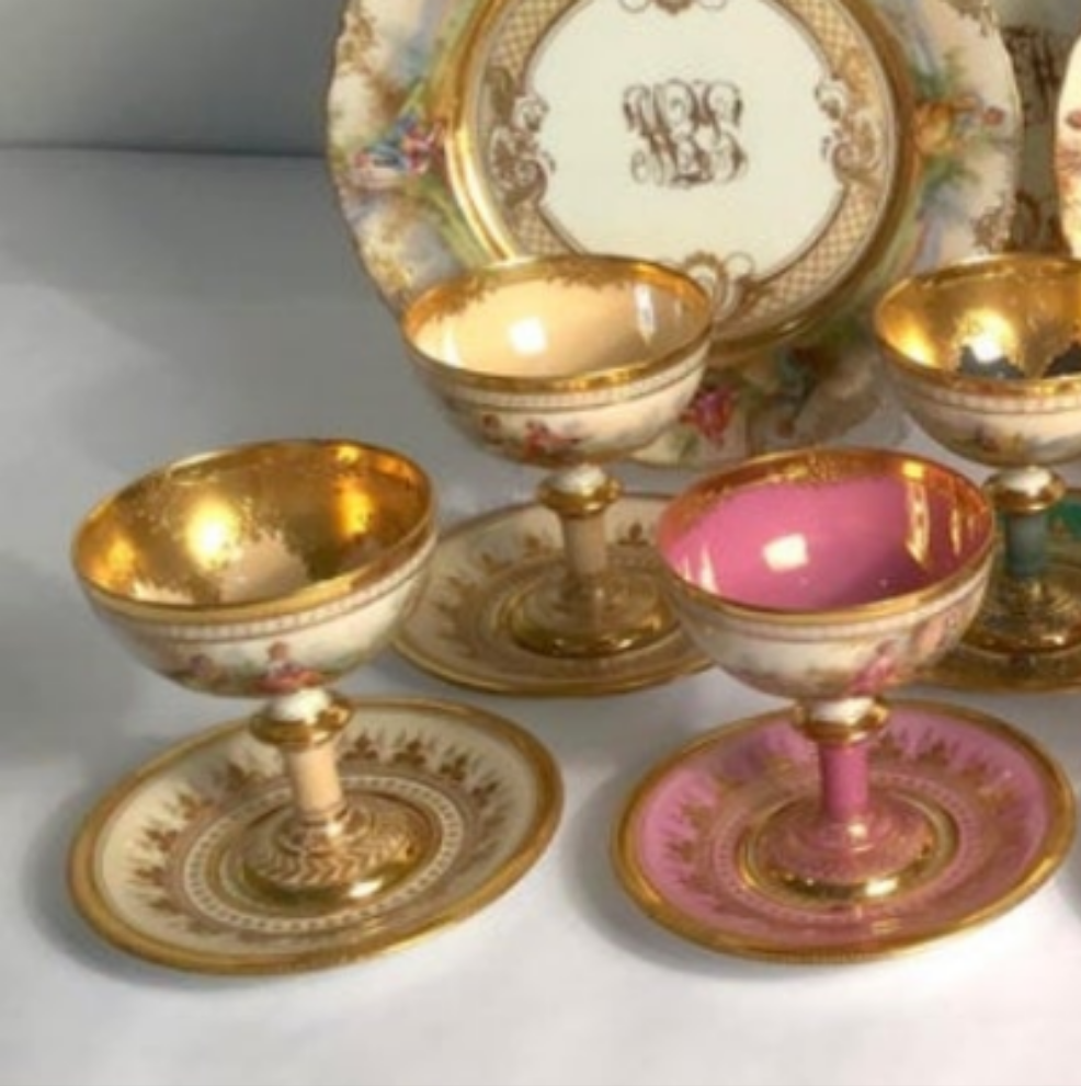 Dresden Ambrosius Lamm Footed Cups and Dessert Plates Set for 10 Hand Painted