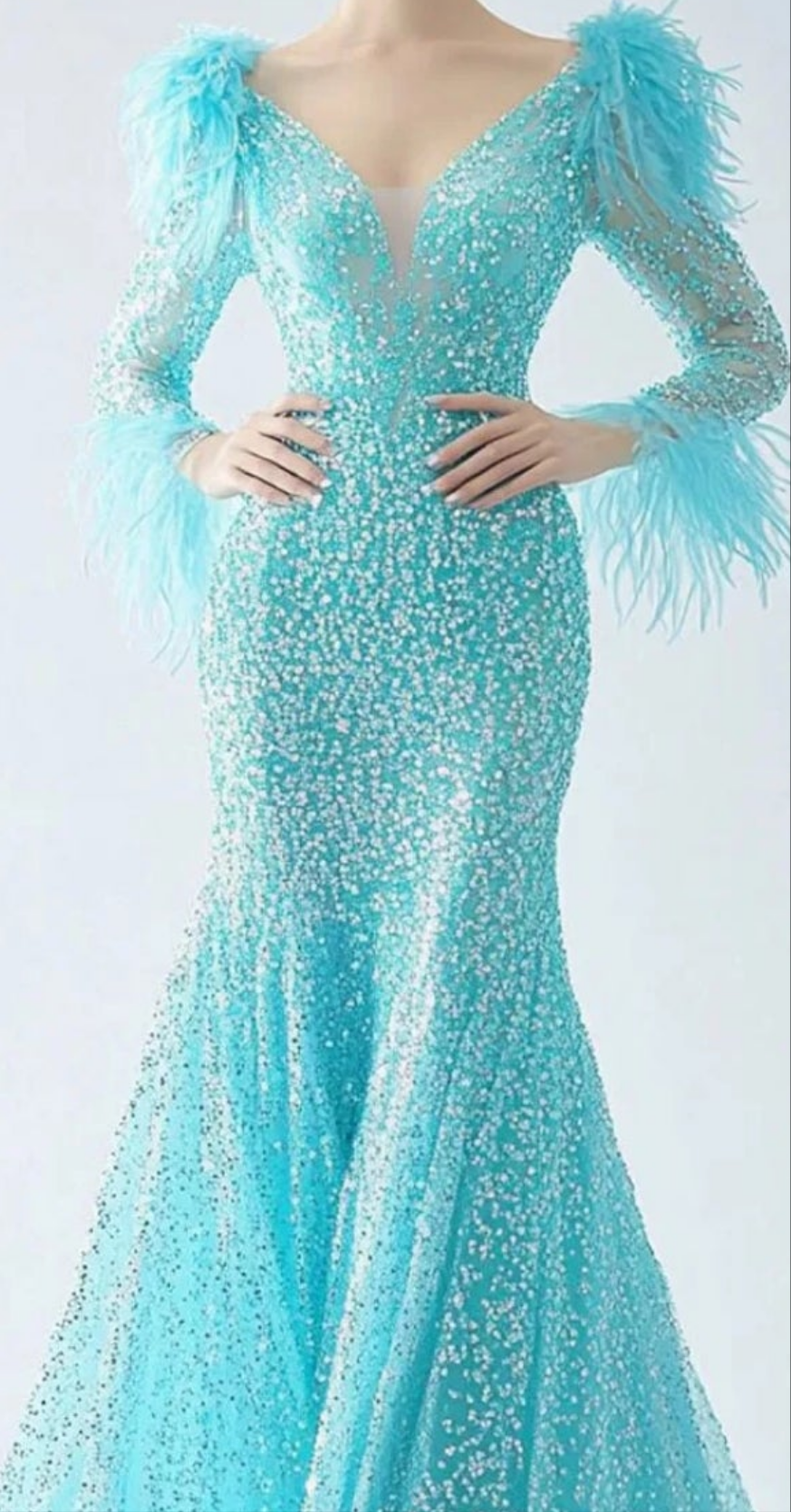 Rhinestone Feather Long Sleeve Fishtail Maxi Dress-Blue [Custom-Made] COCOMONEY