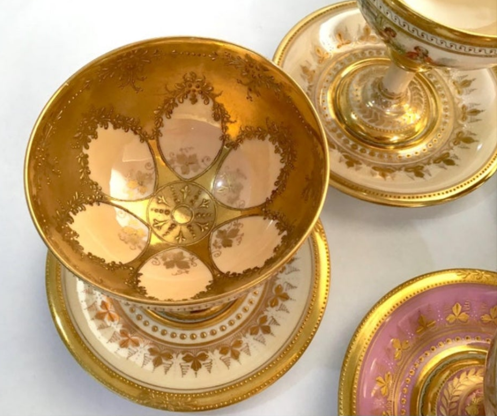 Dresden Ambrosius Lamm Footed Cups and Dessert Plates Set for 10 Hand Painted