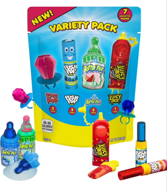 Bazooka Candy Brands Holiday Candy Variety Pack 7 Ct - Individually Wrapped Hard Candy in Assorted Flavors from Push Pop, Ring Pop, Juicy Drop & Baby Bottle Pop - Stocking Stuffers & Kids Candy Gifts