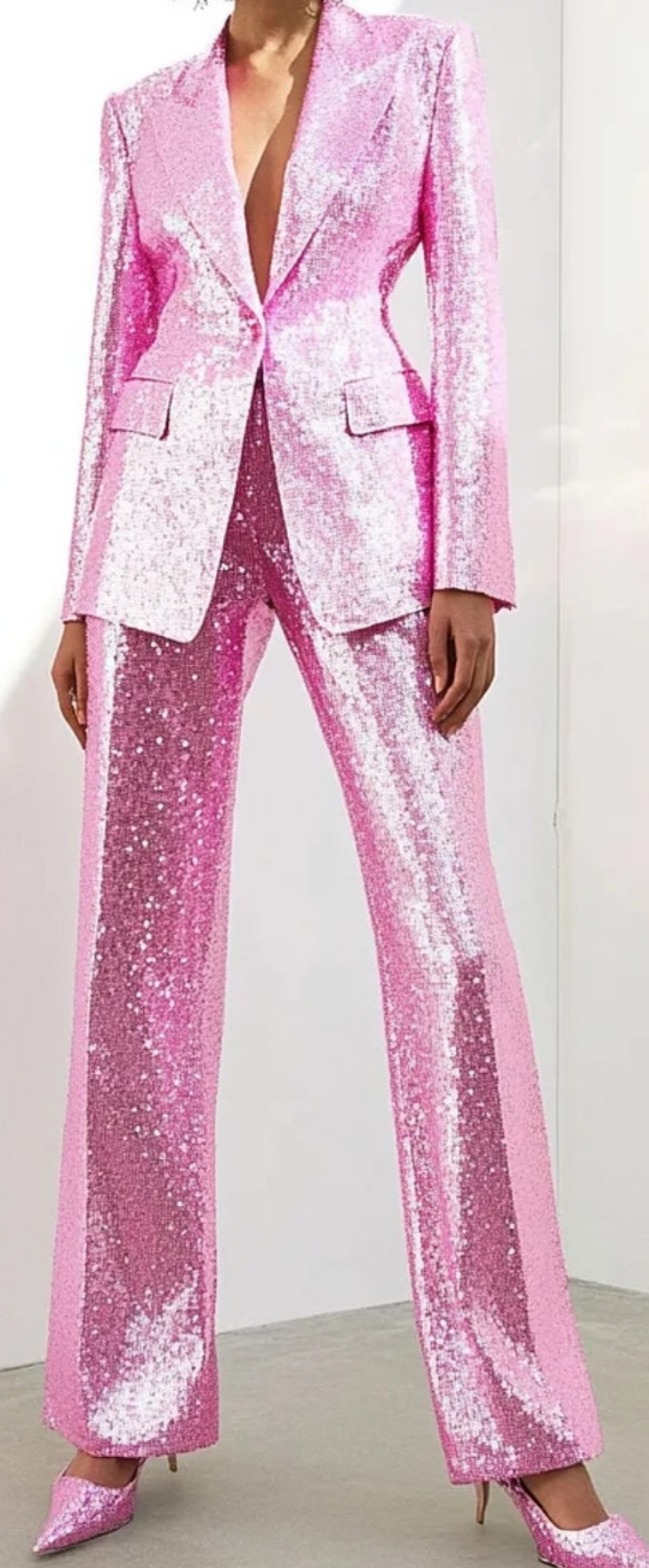 COCOMONEY Sequin Peaked Lapel Blazer Two Piece Pant Suit-Pink