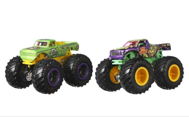 The Hot Wheels Monster Trucks Demolition Doubles pack doubles the action with two Monster Trucks ready to square off in head-to-head battles! Each of the two die-cast vehicles is 1:64 scale and features the giant wheels and big personalities kids 3 years