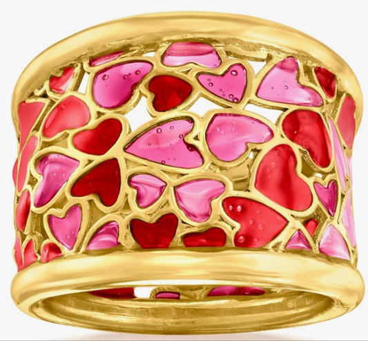 Italian Red and Pink Enamel Heart Ring in 18kt Gold Over Sterling. Size 7